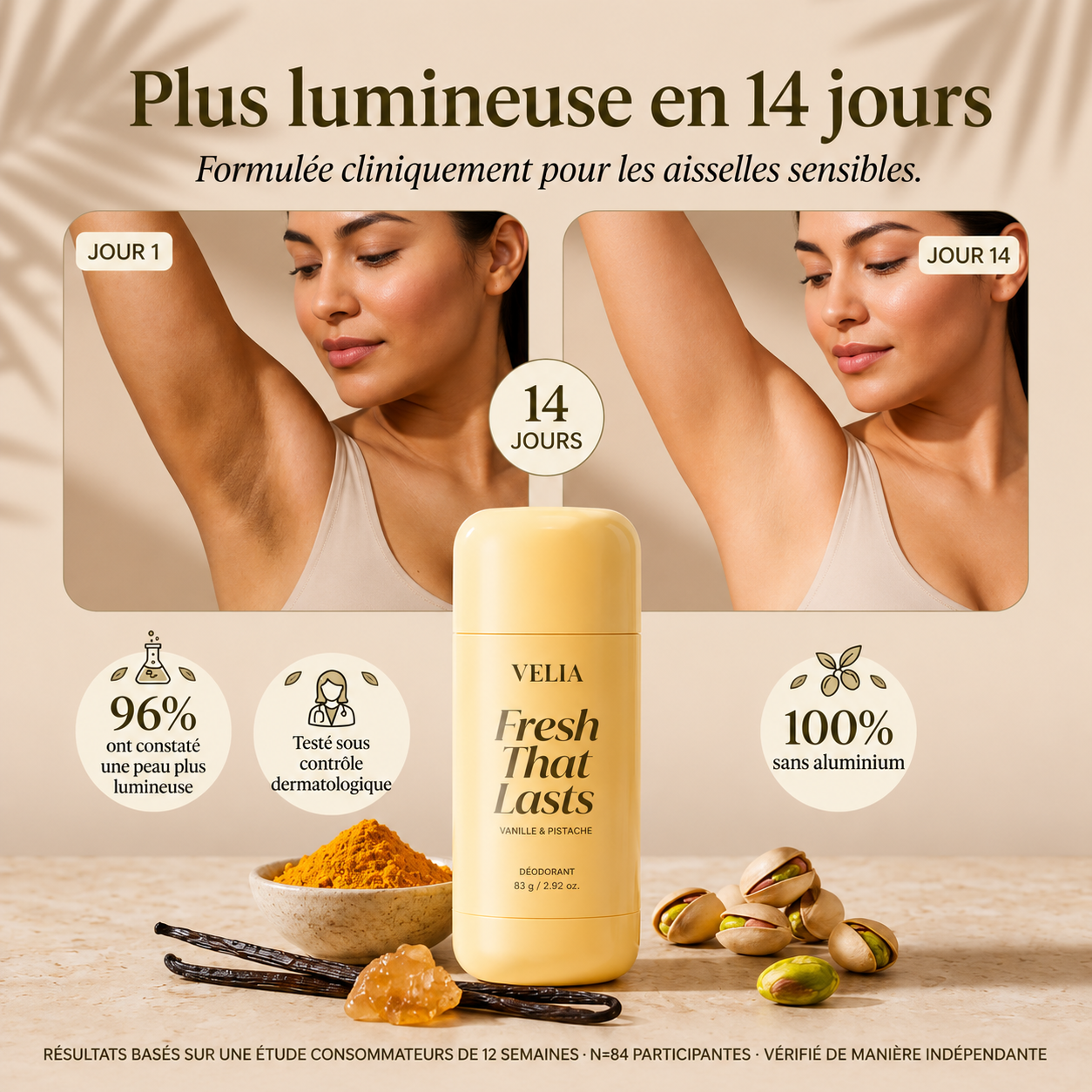 Avant / après : aisselles plus lumineuses en 14 jours avec VELIA