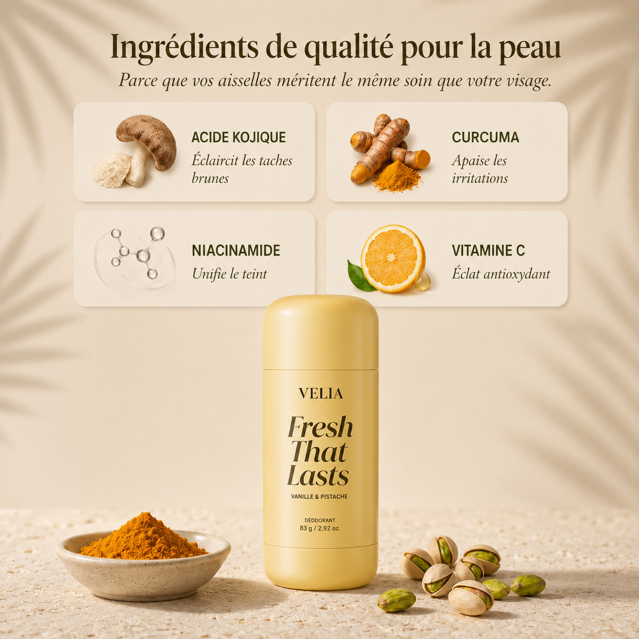 Acide kojique, curcuma, niacinamide et vitamine C — les actifs VELIA