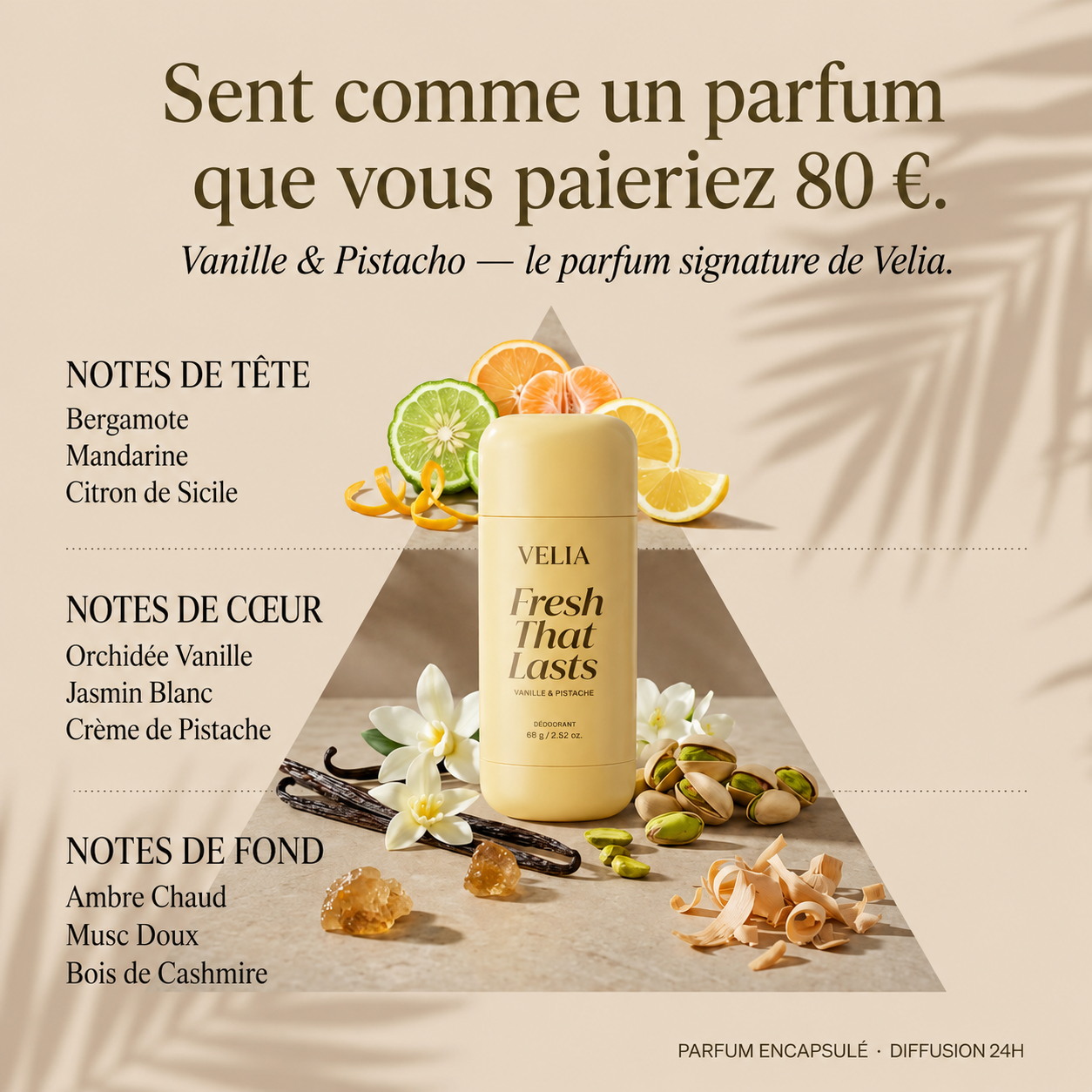 Parfum signature vanille & pistache du déodorant VELIA